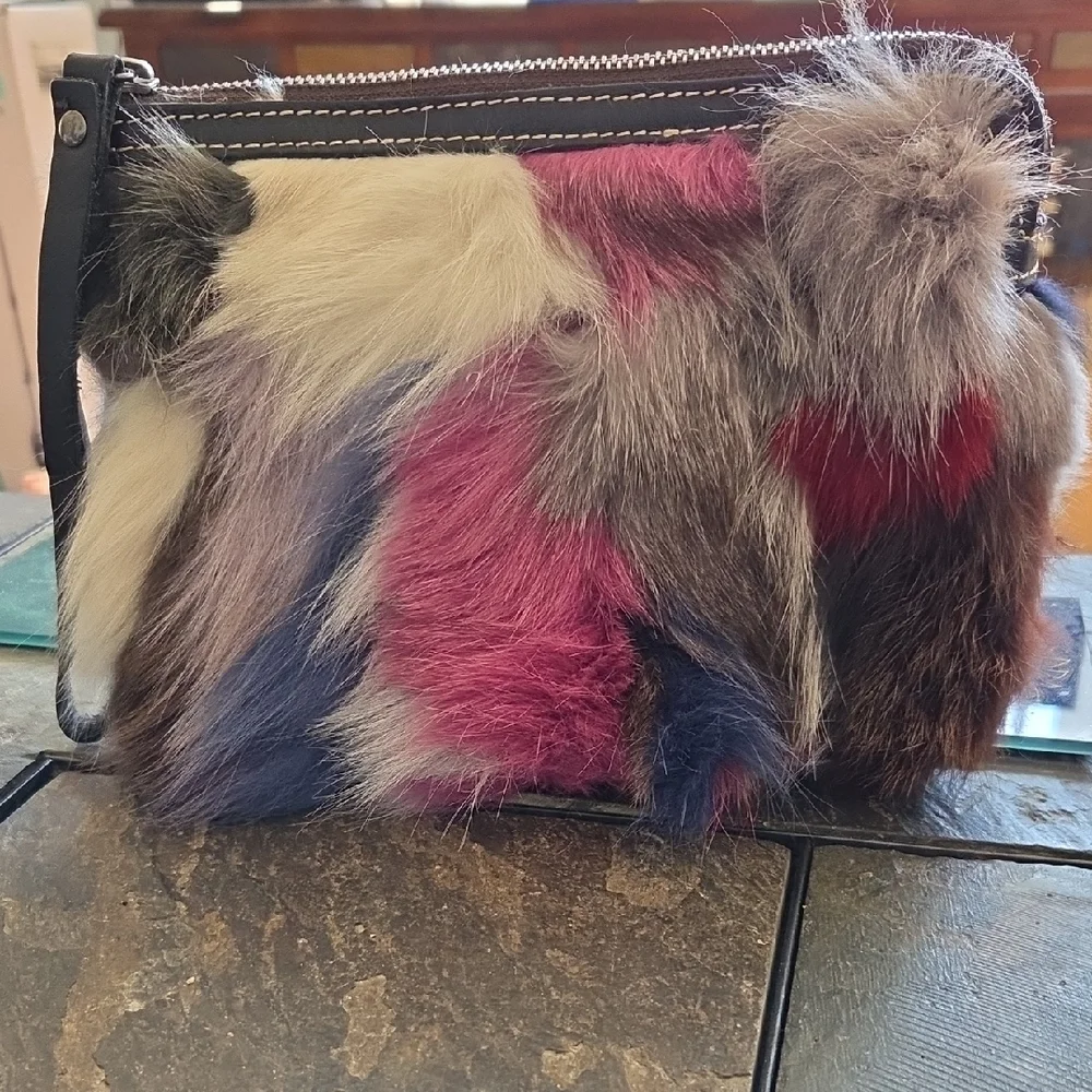 Patricia Nash Finnick Fox Fur and Leather Wristlet Clutch w/ Suede Interior